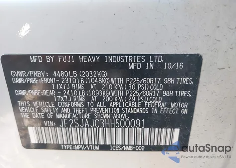 2017 Subaru Forester 2.5I Limited z USA, uszkodzony, nr VIN JF2SJAJC3HH500091